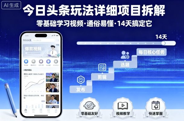 今日头条玩法详细项目拆解，零基础学习视频 通俗易懂 14天搞定它-胜利号