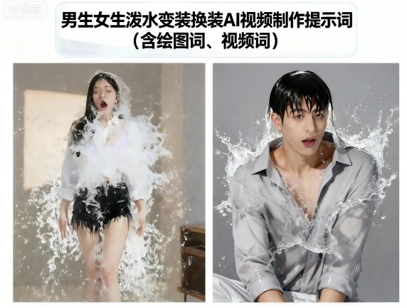 男生女生泼水变装换装AI视频制作提示词(含绘图词、视频词)-胜利号