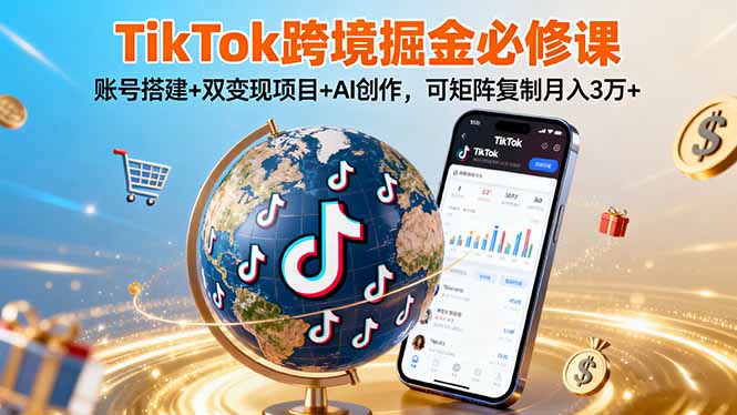TikTo跨境掘金必修课，账号搭建+双变现项目+AI创作，可矩阵复制月入3万+-胜利号