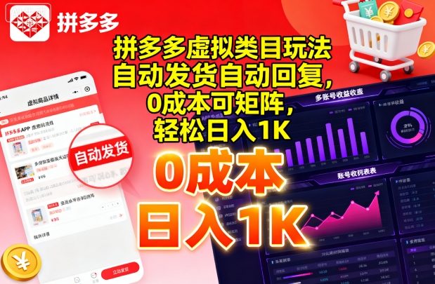 拼多多虚拟类目玩法，自动发货自动回复，0成本可矩阵，轻松日入1K【揭秘】-胜利号