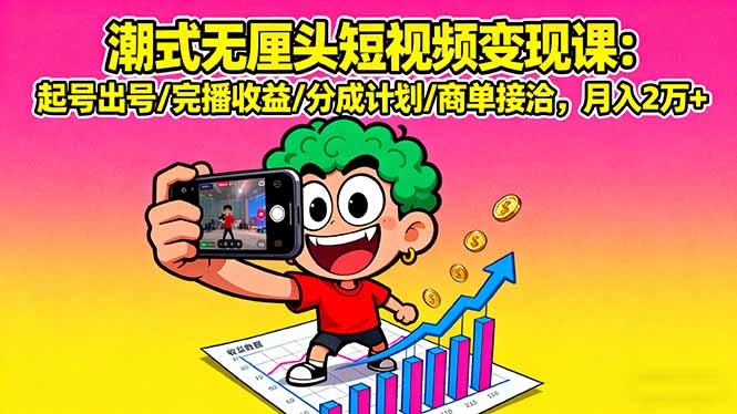 潮式无厘头短视频变现课：起号出号/完播收益/分成计划/商单接洽，月入2万+-胜利号
