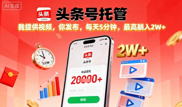 【头条号托管】我提供视频，你发布，每天5分钟，最高躺入2W+【揭秘】-胜利号
