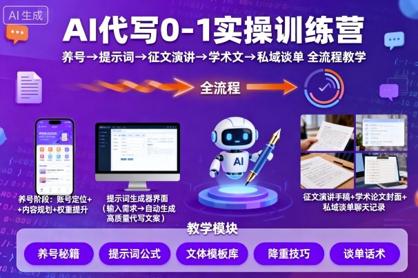 AI代写0-1实操训练营，从养号、提示词、征文演讲、学术文，到私域谈单的全流程教学-胜利号
