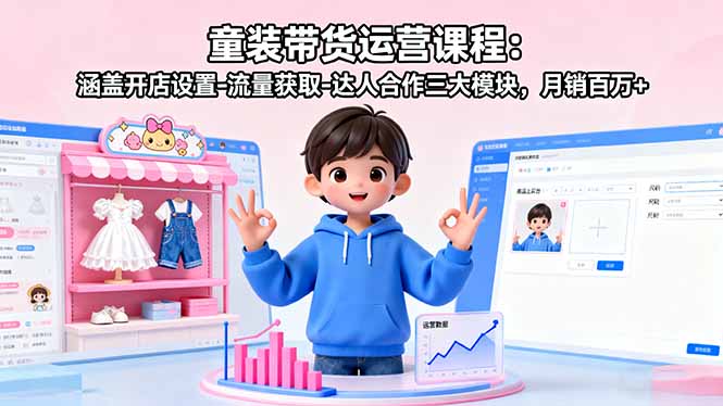 童装带货运营课程：涵盖开店设置-流量获取-达人合作三大模块，月销百万+-胜利号