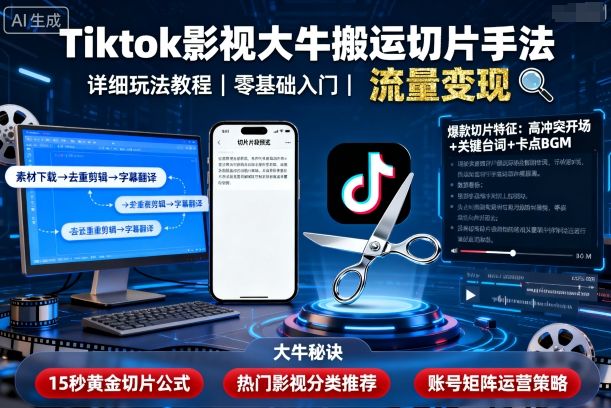 Tiktok影视大牛搬运切片手法，详细玩法教程-胜利号