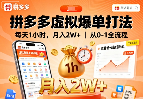 拼多多虚拟爆单打法，每天1小时，月入2W+，从0-1全流程-胜利号