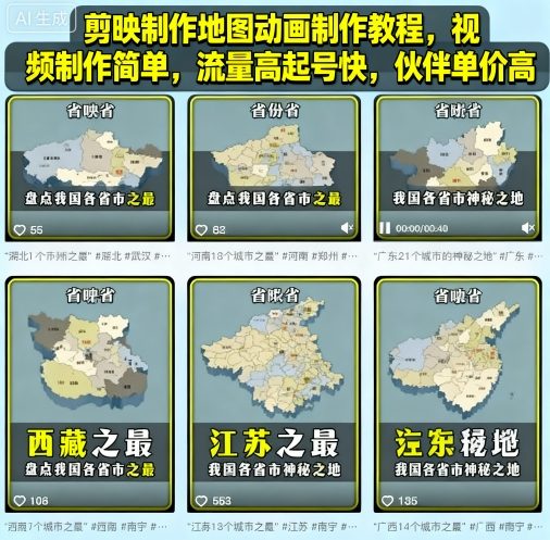 剪映制作地图动画制作教程，视频制作简单，流量高起号快，伙伴单价高-胜利号
